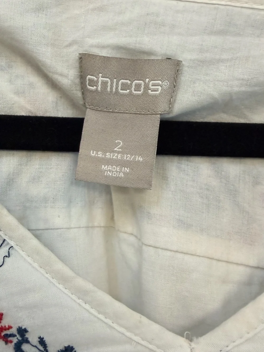 Chico's White Tunic with Blue and Red Embroidery